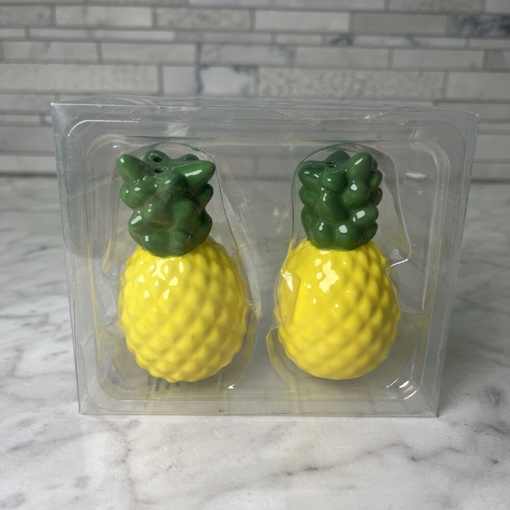 Vibrant yellow & Green Pineapple Salt Pepper Shakers Set of 2 Ceramic 3" Tall